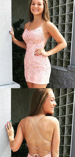 Sexy Spaghetti Straps Lace Applique Tight Short Homecoming Dress, BTW238