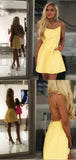 Simple Yellow Spaghetti Strap Lace Up Mini Short Homecoming Dress, BTW172