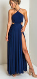 Pretty High Neck Criss Cross Side Slit Royal Blue Long Prom Dresses, DPB161