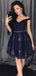 Simple Off Shoulder V Neck Lace A Line Short Homecoming Dress, BTW158