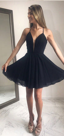 Affordable Black Spaghetti Strap Deep V Neck Chiffon Short Homecoming Dress, BTW169
