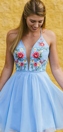 Elegant Deep V Neck Lace Up Chiffon A Line Short Homecoming Dresses, BTW161