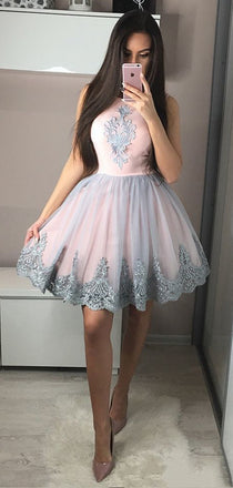 Cute A Line Round Neck Lace Applique A Line Short Homecoming Dress, BTW173