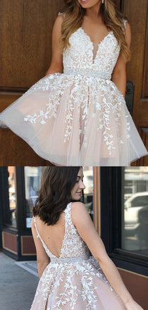 Elegant V Neck Sleeveless Open Back Lace A Line Short Homecoming Dress, BTW166