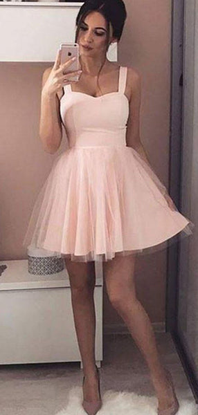 Simple Sweetheart Light Pink Tulle A Line Short Homecoming Dress, BTW167