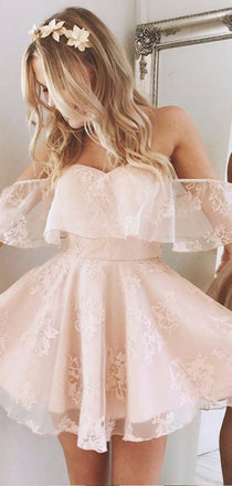 Cheap Off The Shoulder Ruffle Lace A Line Short Homecoming Dresses, BTW162