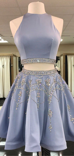 Elegant Halter Two Pieces Satin A Line With Rhinestone Short Homecoming Dresses, BTW174