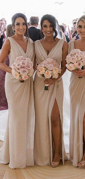 Simple A Line V Neck Sleeveless Floor Length Side Slit Long Bridesmaid Dresses, SW1006