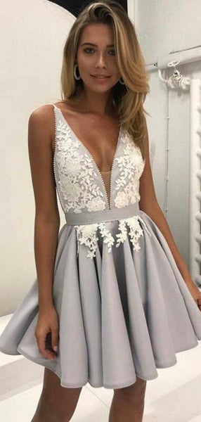 Elegant V Neck Sleeveless Lace Applique A Line Short Homecoming Dress, BTW156
