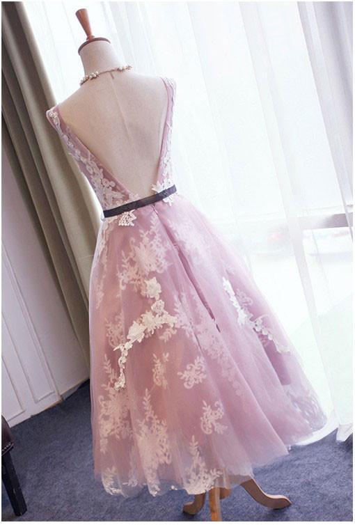 Pretty Open Back Sleeveless Lace Applique Tulle A Line Short Homecoming Dress, BTW144