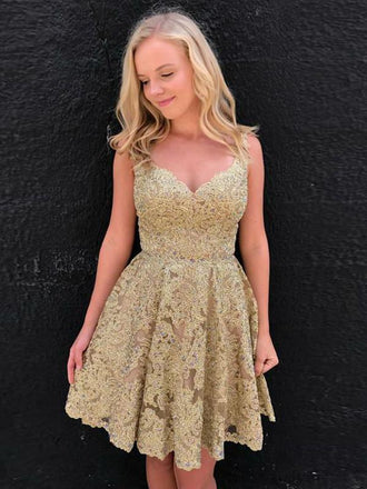 Pretty V Neck Open Back Sleeveless Lace A Line Short Homecoming Dress, BTW169