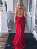 Gorgeous Red Spaghetti Strap V-Neck Side Slit Open Back Sweep Train Evening Prom Dresses, SW0057