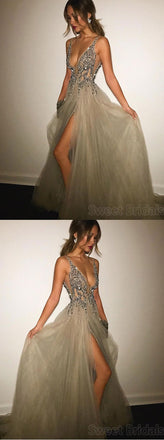 A-line Deep V-neck Backless Split Sweep Train Rhinestone Top Grey Long Evening Prom Dresses, SW0001