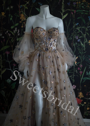 Elegant Off shoulder Sweetheart Side slit A-line Long Prom Dress,SW1972