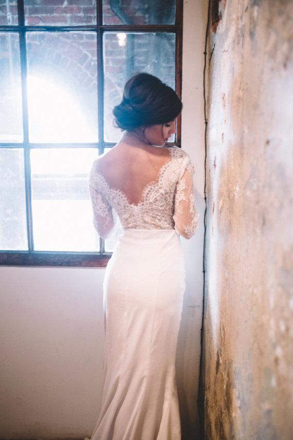 Elegant V Neck Open Back Long Sleeves Sweep Trailing Long Wedding Dresses ,MD435