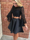 Pretty Black Two Pieces Lace Top Long Sleeves Short Homecoming Dresses, SW0022