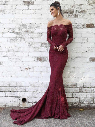 Long Sleeves Lace Maroon Mermaid Off-the-shoulder Prom Dresses DPB132