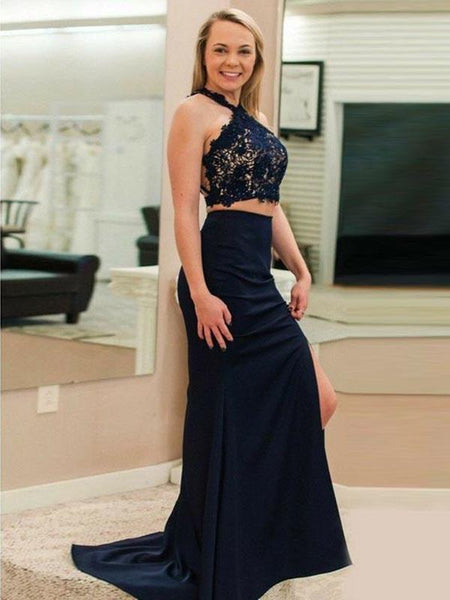 2 Pieces Navy Blue Halter Lace Top Backless Side Slit Long Evening Prom Dresses, BW0605
