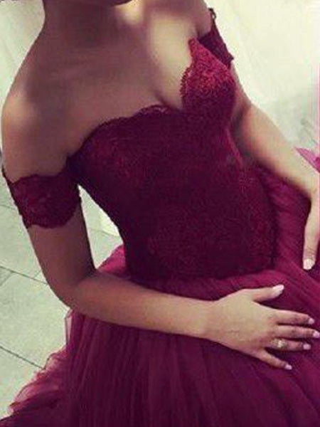 Elegant Off the Shoulder Lace Top Ball Gown Evening Prom Dresses, BW0600