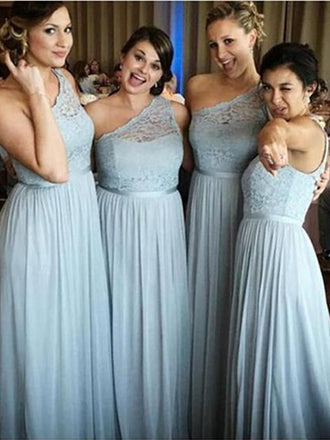 Pretty Light Blue Lace Top One Shoulder Long Bridesmaid Dresses , SW0008