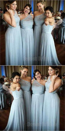 Pretty Light Blue Lace Top One Shoulder Long Bridesmaid Dresses , SW0008