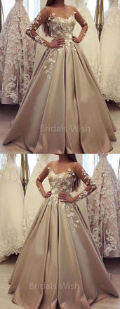 Elegant V-Neck Lace Top Long Sleeves Evening Prom Dresses, BW0613