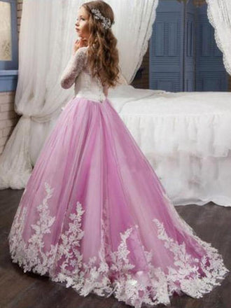 Long Sleeves Lace Tulle Long Flower Girl Dresses GTE2116