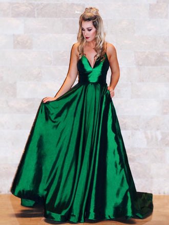 Pretty Green Spaghetti Strap Open Back V-Neck Floor Length Evening Prom Dresses, SW0033