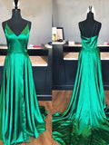 Elegant Green Spaghetti Strap V-Neck Side Slit Sweep Train Evening Prom Dresses, SW0032
