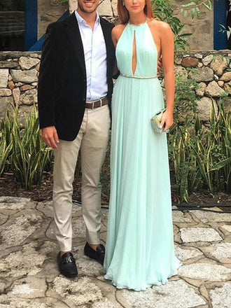 Chic Mint Green Halter Backless Floor Length Evening Prom Dresses, SW0029