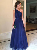 Cheap Navy Blue One Shoulder Long Evening Prom Dresses, BW0603