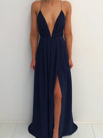 Simple Navy Blue Spaghetti Strap Deep V-Neck Backless Side Slit Long Evening Prom Dresses, SW0037
