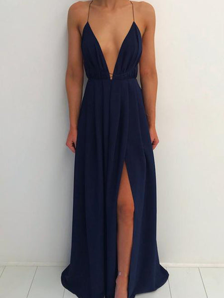 Simple Navy Blue Spaghetti Strap Deep V-Neck Backless Side Slit Long Evening Prom Dresses, SW0037