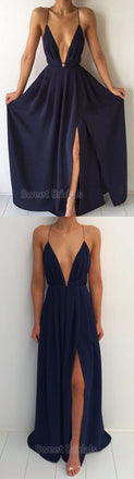 Simple Navy Blue Spaghetti Strap Deep V-Neck Backless Side Slit Long Evening Prom Dresses, SW0037