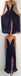 Simple Navy Blue Spaghetti Strap Deep V-Neck Backless Side Slit Long Evening Prom Dresses, SW0037
