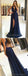 Pretty Navy Blue Lace Top Deep V-Neck Halter Side Slit Evening Prom Dresses, SW0035