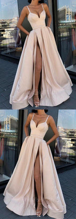 Unique Spaghetti Strap V-Neck Side Slit Long Evening Prom Dresses, BW0611