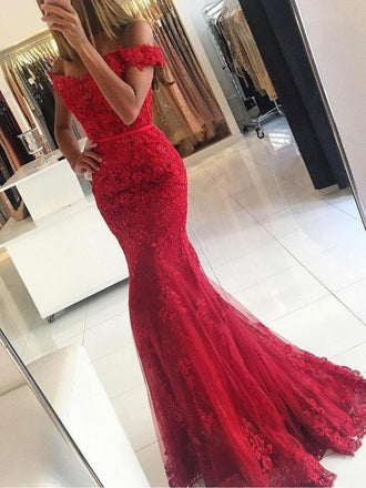 Off-the-shoulder Mermaid Tulle Applique Long Prom Dress DPB135
