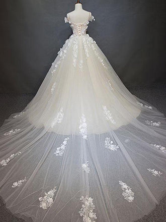 Elegant Off the Shoulder Applique Lace up Back Wedding Dresses, BW0593