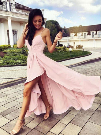 Pink Spaghetti Strap V-Neck High-Low Long Evening Prom Dresses, BW0610
