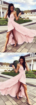 Pink Spaghetti Strap V-Neck High-Low Long Evening Prom Dresses, BW0610