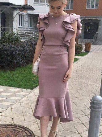 Gorgeous Unique Shoulder Mermaid Tea length Evening Prom Dresses, SW0068