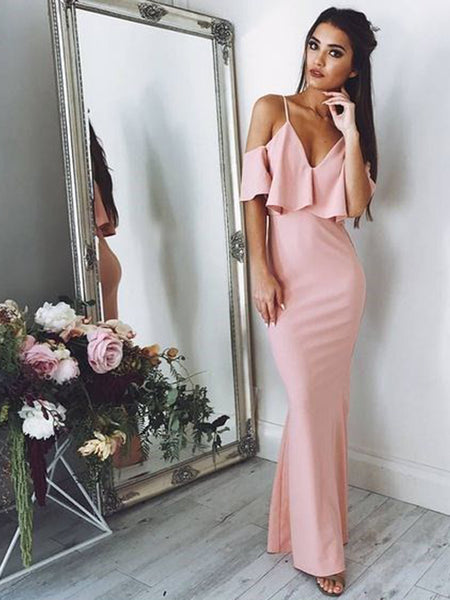 Pretty Pink Spaghetti Strap Off the Shoulder Mermaid Long Evening Prom Dresses, SW0073