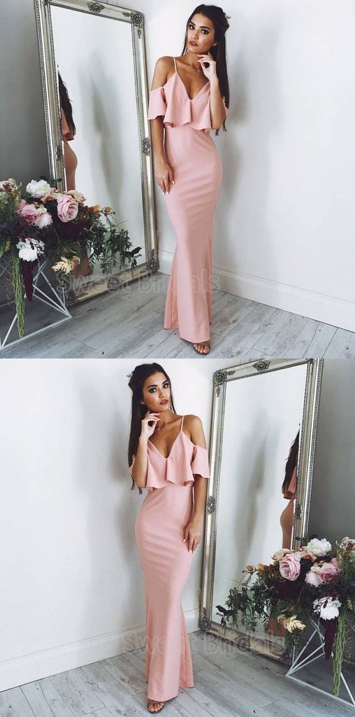 Pretty Pink Spaghetti Strap Off the Shoulder Mermaid Long Evening Prom Dresses, SW0073