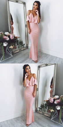 Pretty Pink Spaghetti Strap Off the Shoulder Mermaid Long Evening Prom Dresses, SW0073