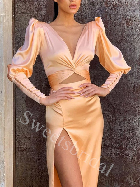 Sexy V-neck Long sleeves Side slit Sheath Prom Dresses,SW1851