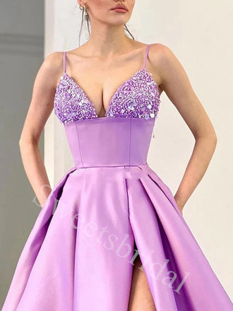 Sexy V-neck Sleeveless Side slit A-line Prom Dresses,SW1854