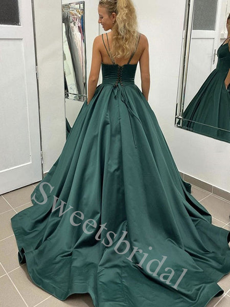 Elegant Spaghetti straps V-neck A-line Prom Dresses,SW1872