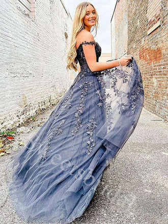 Elegant Off shoulder Side slit A-line Prom Dresses,SW1889