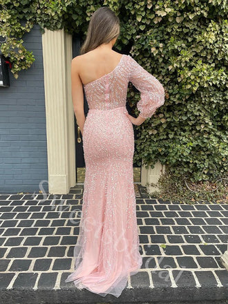 Sexy One shoulder Sleeveless Side slit Sheath Prom Dresses,SW1906